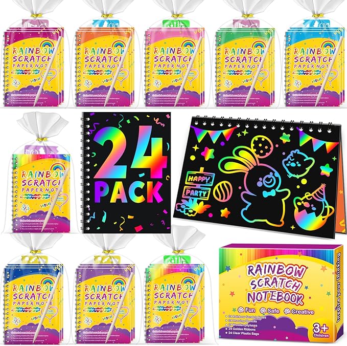 Party Favors for Kids 4-8-12: 24 Pack Scratch Rainbow Art Crafts Notebook, Coloring Book Goodie Bags Stuffers Kit, Bulk Birthday Gift Classroom Prizes Girl Boy Toddler