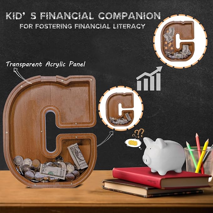 Wooden Letter Piggy Bank for Kids Larger Letter Piggy Bank for Boys and Girls Personalized Piggy Bank Initial Coin Bank Wood Kids Money Bank for Birthday and Festival