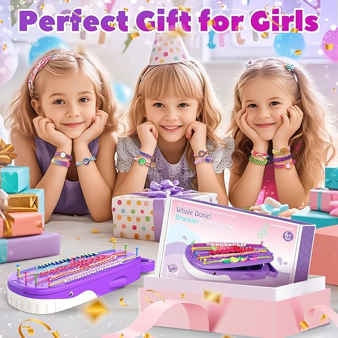 Euclidean Cube Friendship Bracelet Making Kit for Girls, Purple Whale Shaped Jewelry Making Kit for Girls Ages 8-12, DIY Arts and Crafts String Maker Tool, 7 8 9 10 11 12 Years Old Girl Birthday Gift