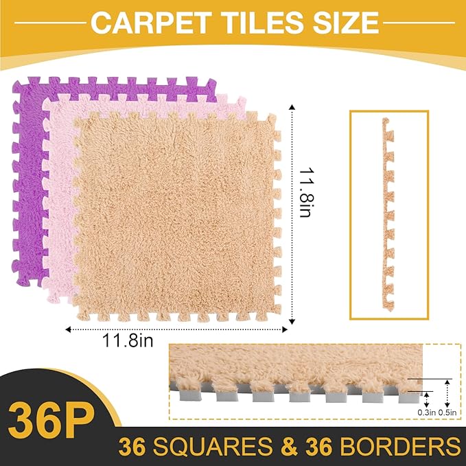 36 Pcs Plush Interlocking Carpet Tiles, Non-Toxic Foam Carpet Tiles for Toddler Baby, Machine-Washable, Anti-Slip, EVA Foam Interlocking Tiles for Floor, Nursery, Playroom, Purple, Light Brown, Pink