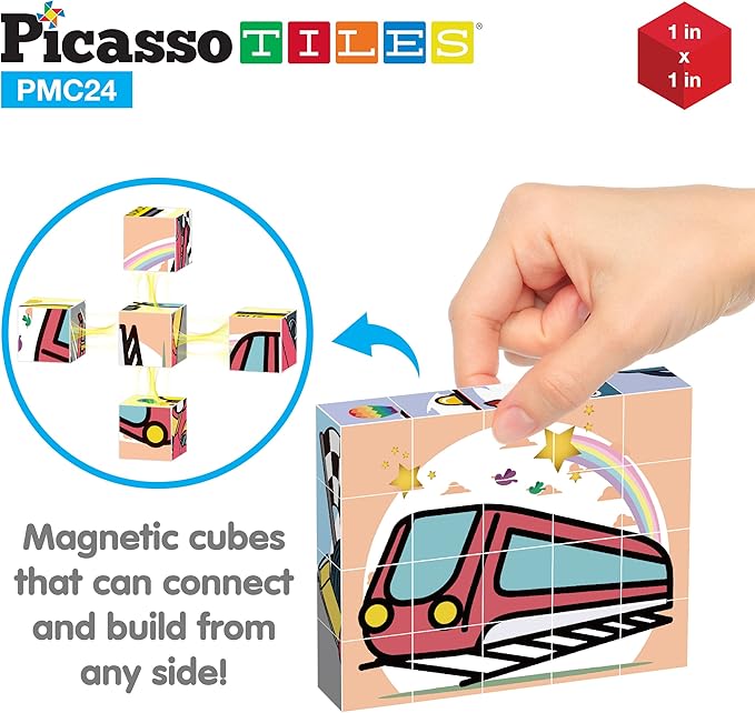 PicassoTiles Magnetic Cube Puzzle 6-in-1 Vehicle Theme Pattern Magnet Brain Teaser Cubes Building Block 120 Pictures Toy Set Kids Ages 3 & Up Preschool Children Promotes Problem PMC24