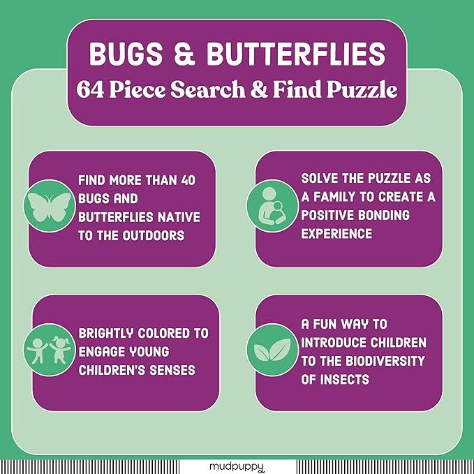 Mudpuppy Bugs & Butterflies — 64 Piece Search & Find Puzzle Jigsaw Puzzle Featuring Diverse Bugs and Insects and Over 40 Hidden Images to Find for Ages 4+