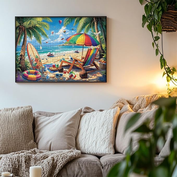Beach Puzzles for Adults 1000 Pieces, PICKFORU Vintage Summer Puzzle Lounge Chair Beach Vacation, Difficult Seaside Puzzles for Adults, Colorful Art Puzzle as Wall Decor
