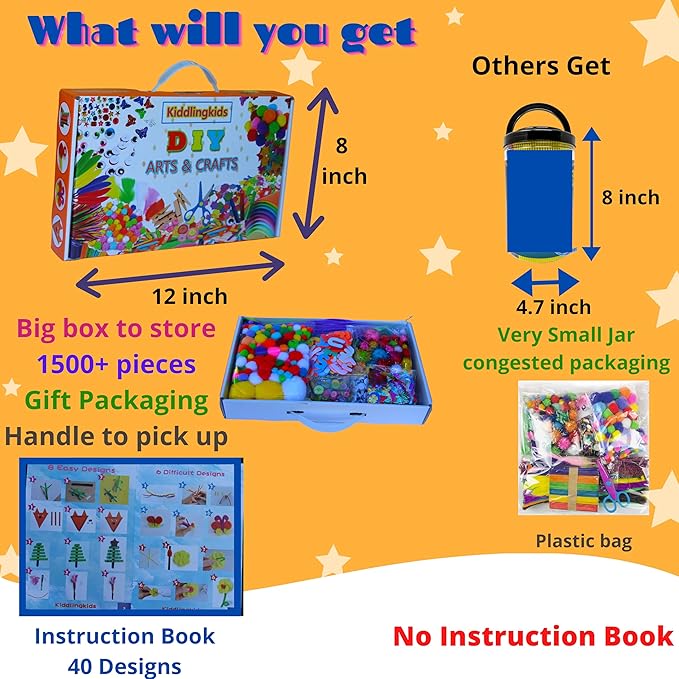 KiddlingKids Arts and Crafts Supplies Kits, DIY,Birthday Gifts, Home School, Toddler Kindergarten Activity Set, Pipecleaners, Pom Poms, Popsickle Sticks All in One for Boys and Girls Ages 4 5 6 7 8
