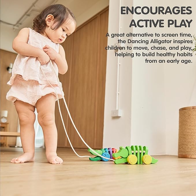 PlanToys® Dancing Alligator Pull Toy for Toddlers | Eco-Friendly Wood Toy with Click-Clack Sound | Walking Toy for Babies