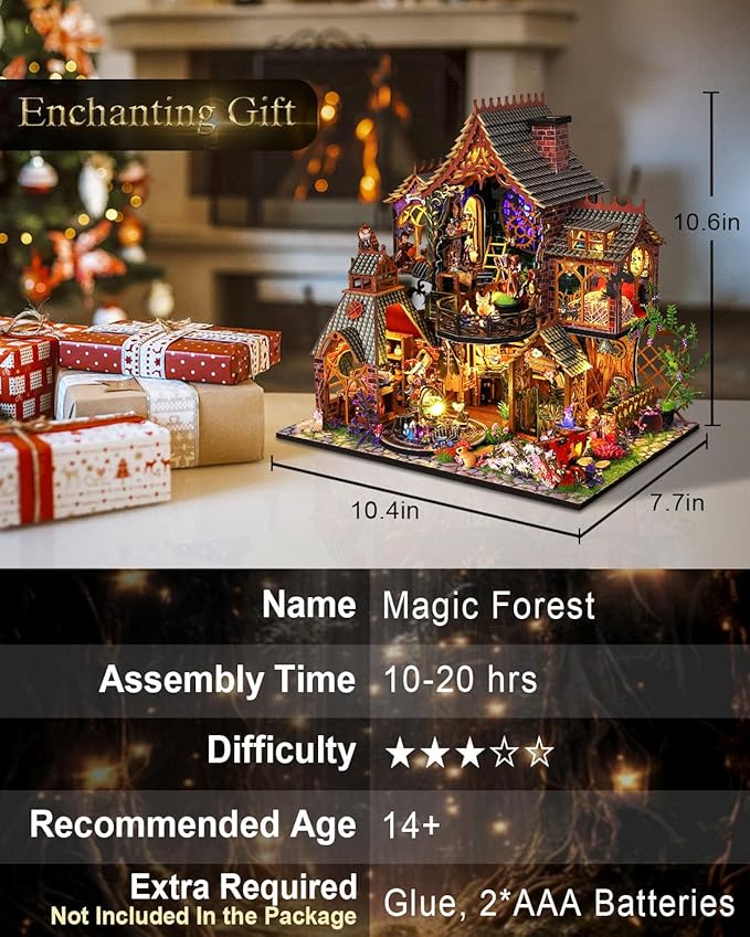 Miniature House Kit Magic Forest, DIY Mini House Building Kit, Miniature Kit for Adults with Furniture and LEDs, Great Gift for Girls Teens Family