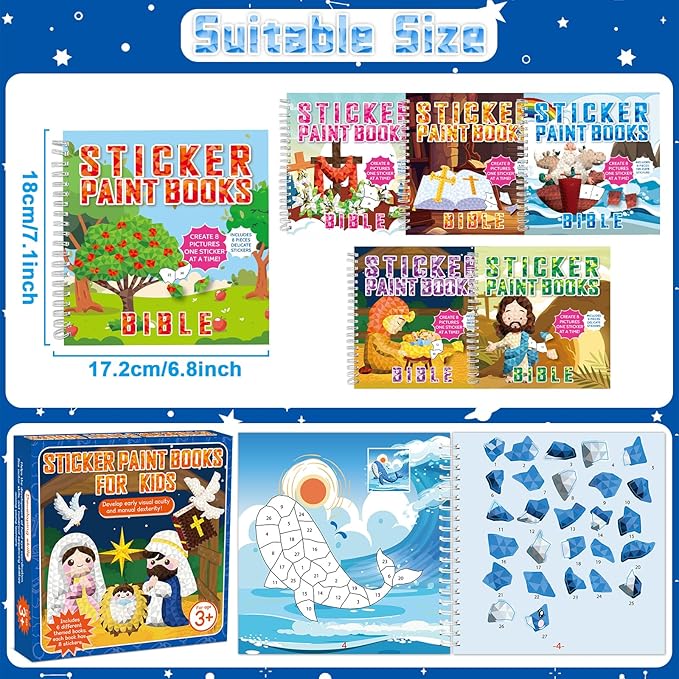 6PCS Bible Paint by Stickers for Kids Ages 4-8 2025 VBS Crafts Sticker by Number Puzzle Activity Book Christian Gift Sunday School DIY Art Kit with Religious Jesus Nativity Tree Noah’s Ark 48 Pictures