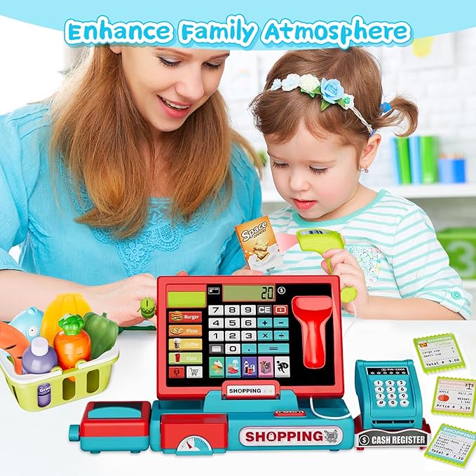 Cash Register Playset Toy for Kids, Real Calculator Register, Pretend Play Store with Music, Scanner, Play Money, Food, Preschool Learning Toy Playset Gift (Blue Red)