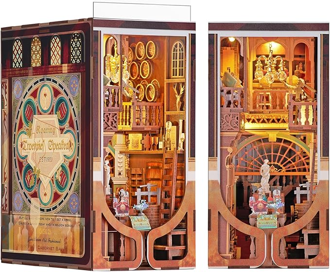 Book Nook Kit, DIY Miniature Dollhouse Booknook Kit, 3D Wooden Puzzle Bookend Bookshelf Insert Decor with LED Light for Teens and Adults (Roaring Twenties Speakeasy)
