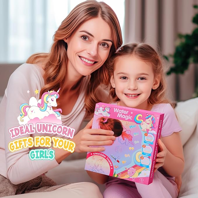 Water Doodle Mat, Unicorn Drawing Mat for Toddlers, Kids Water Painting Pad Coloring Board Set, Art Supplies for Toddlers, No Mess Crafts Birthday Christmas Gifts for Girls Ages 3 4 5 6 7 8