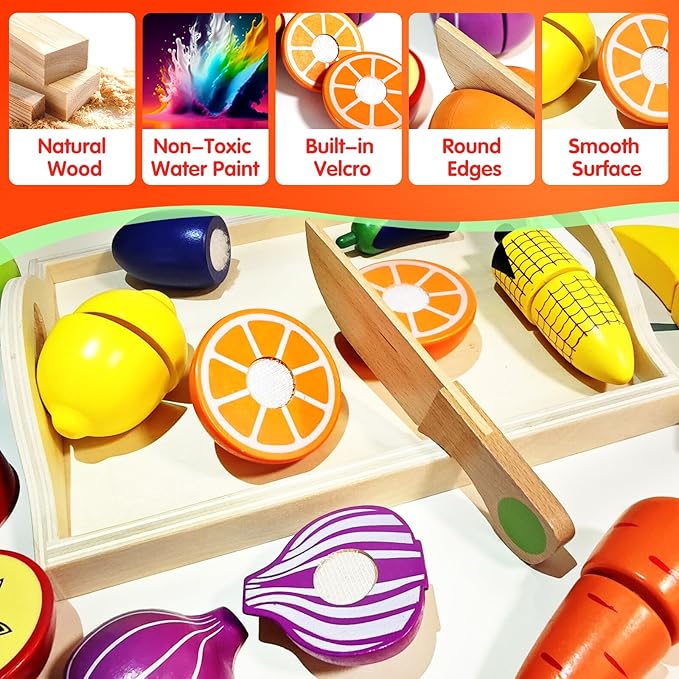 Wooden Play Food for Toddlers, Velcro Fruit and Veggies Cutting Set for Kids, Montessori Learning Toys Food, Pretend Food Play Kitchen Accessories for 3 4 5 6 Years Old Boys & Girls Gift