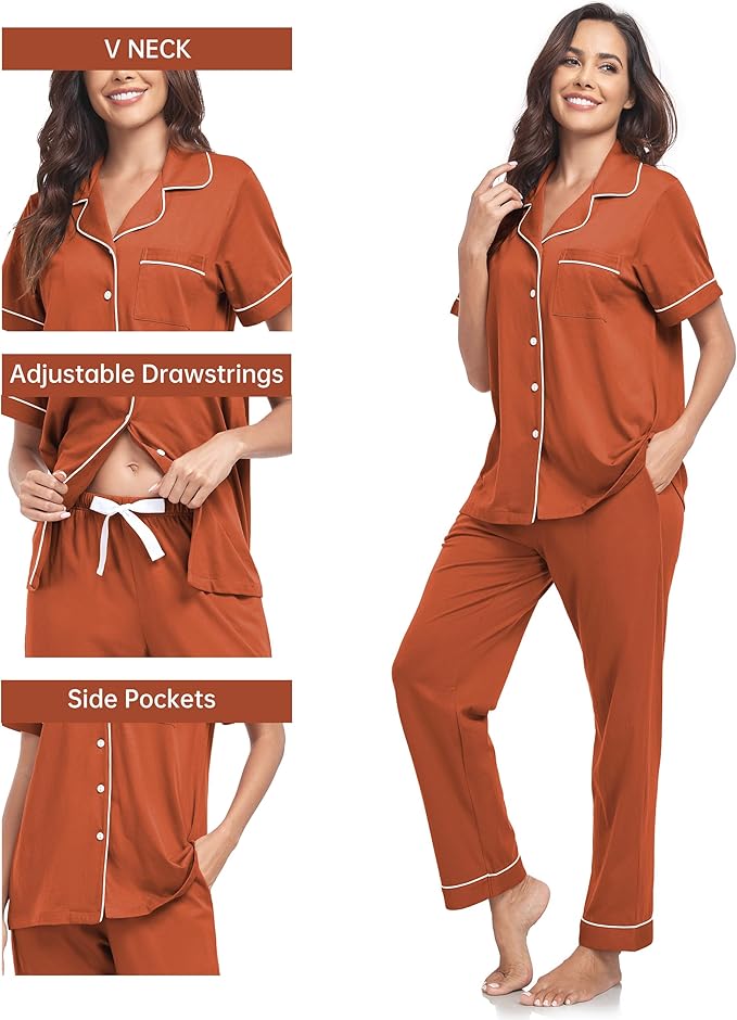 CF Womens 100% Cotton Pajamas Set Button Down Pjs Sets Short Sleeve Top & Long Pants Sleepwear Comfy Loungewear with Pockets