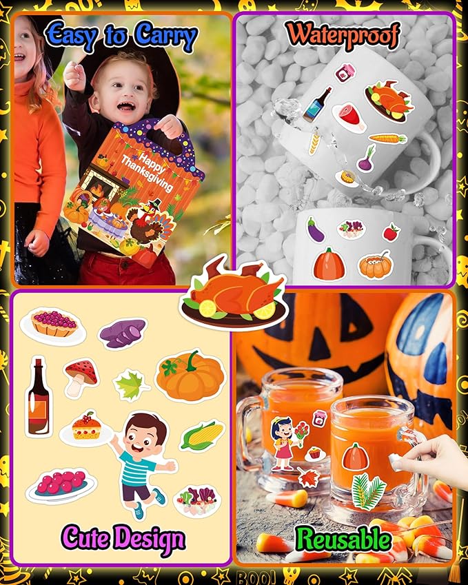 Thanksgiving Sticker Books for Kids, Thanksgiving Gifts Reusable Sticker Books for Toddlers 1-3, 2-4, Thanksgiving Travel Toys Acticities Crafts Birthday Gifts for Boys Girls Kids