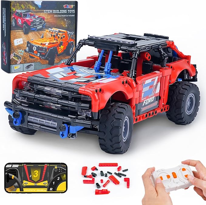 VERTOY STEM Remote Control Building Car - Educational Building Toys Gift for Kids Boys Girls Age 8-12 Year Old, Bigger Red Off-Road Model(720+ pcs)