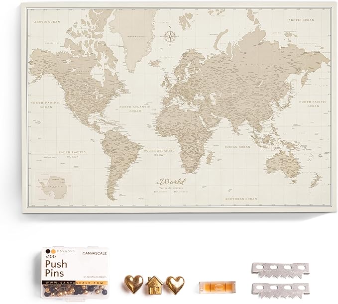 Canvas World Map with Cork Pin Board - English Lettering - Decorative Wall Decoration for All Rooms - Canvas Pictures with World Map Motif (70x50 cm, Pattern 9)