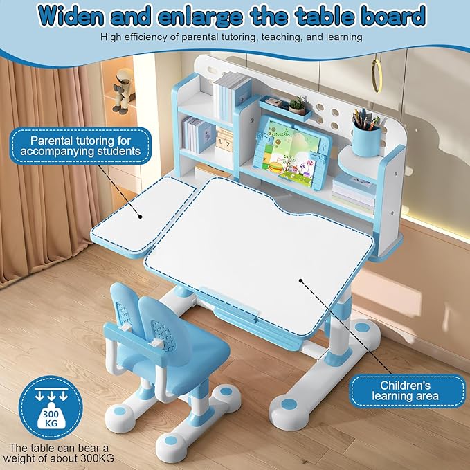 2025 NEW Kid's Study Desk and Chair Set, Ergonomic Height Adjustable Children Study Desk with Tilt Desktop, Book Stand, Light, Metal Hook and Storage Drawer,Gift for Boys Girls (Blue 119cm lean)