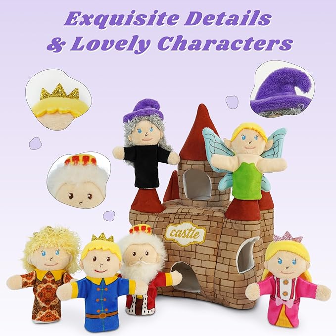 7 Pcs Fairy Tale Finger Puppets Set,4 inch Fairy Tale Member Soft Plush Hand Puppets for Kids with Castle,Finger Puppets for Toddlers Princess Puppet Mini Toy Storytelling Role-Playing