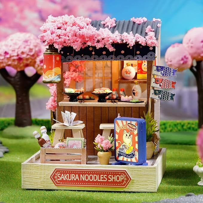 TuKIIE DIY Miniature Dollhouse Kit with Furniture, 1:24 Scale Creative Room Mini Wooden Doll House Plus Dust Proof for Kids Teens Adults(Sakura Noodles Shop)