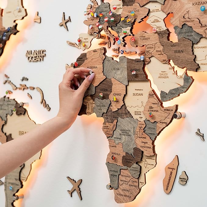 Enjoy The Wood 3D Wood World Map LED 3.0 Wall Art Modern Home Decor Gifts LED Lighting Wall Decor Housewarming Gift (Smokey)
