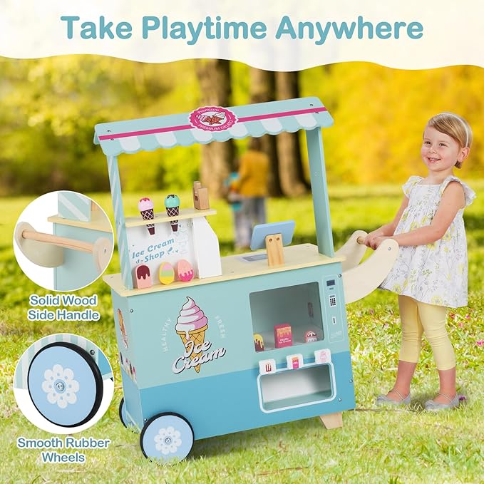 Costzon Ice Cream Cart, Wooden Grocery Store w/Vending Machine, Play Food, Display Rack & Shelves, Swivel Wheels, Push Handle, Ice Cream Truck, Market Stand Pretend Playset for Kids Ages 3+ (Green)