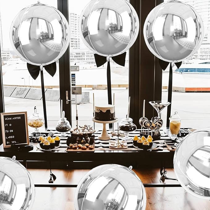 Giant 4D Foil Balloons, 6Pcs Large Metallic Silver Round Balloons, 22 Inch Big Round Foil Balloon for Silver Birthday Party Baby Shower Wedding Decorations