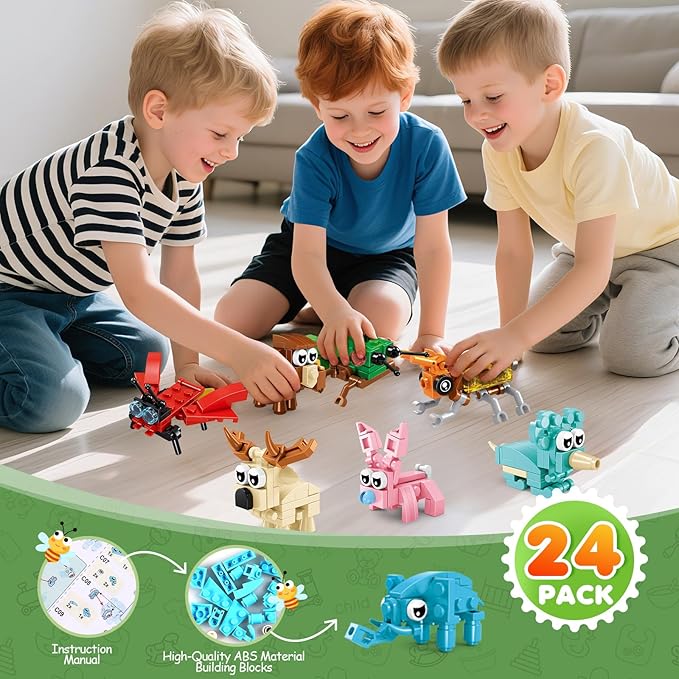 24 Pack Party Favors for Kids, 72 Kinds of Animals Building Block Sets, Small Building Bricks Toy for Goodie Bags Stuffer Classroom Prizes, Christmas Birthday Gift for Boys Girls Ages 6-12