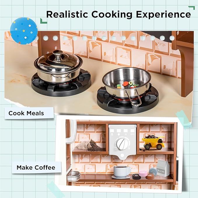 3-Piece Kids Kitchen Playset, Walk-in Wooden Play Kitchen Set for Toddlers, Modular Pretend Play Kitchen w/Light&Sound, Large Corner Kitchen Cooking Toy w/Coffee Capsule, Gift for Girls Boys