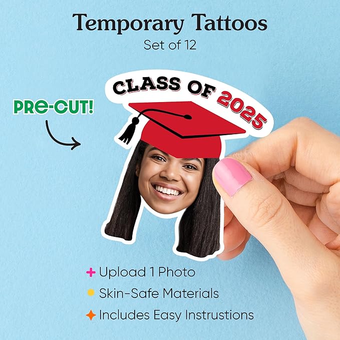 Big Dot of Happiness Custom Photo Red Grad Cap, Personalized Graduation Party Favors, Fun Face Temporary Tattoos, Set of 12