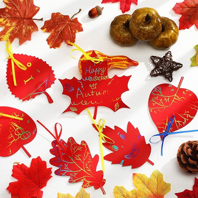 BBTO 50 Pieces Scratch Fall Leaves Colorful Scratch Leaves Paper with Ribbons and Wooden Stylus for Thanksgiving Harvest Party(Red)