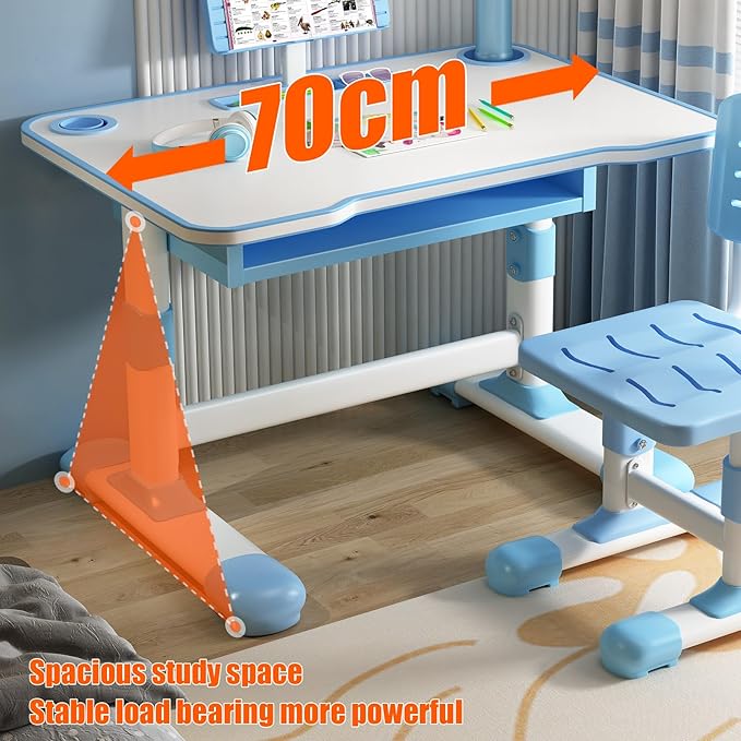 2025 NEW Kid's Study Desk and Chair Set, Ergonomic Height Adjustable Children Study Desk with Tilt Desktop, Book Stand, Light, Metal Hook and Storage Drawer,Gift for Boys Girls (Blue 70cm light)
