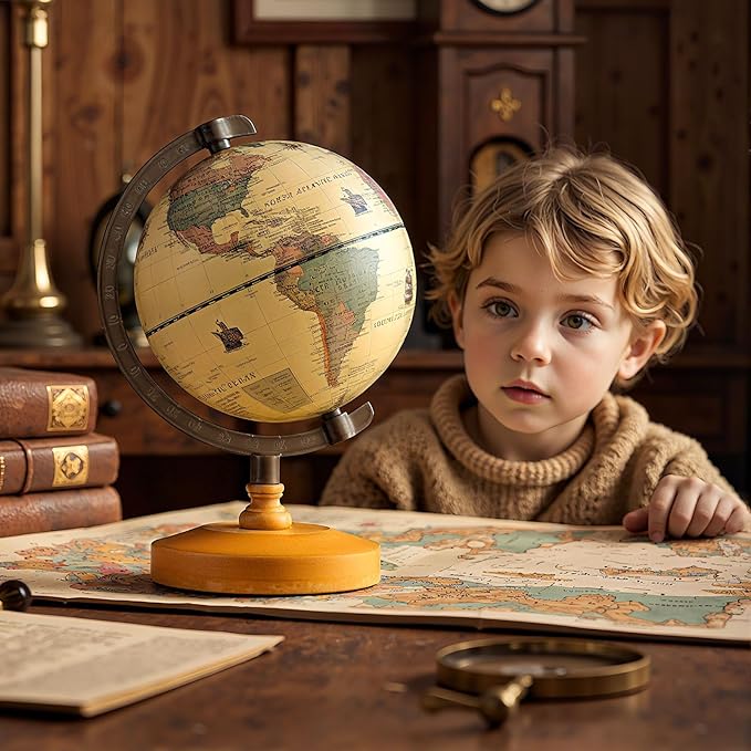 COSTWAY Antique Globe Dia 5.5-Inch, Mini Rotating World Globe w/Wooden Base, Modern Map & Vintage Color, For Kids & Adults' Geography Educational Learning, Desktop Decoration for Home Office School