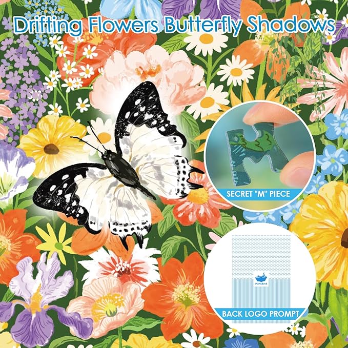 MOMIBOOK 1000 Piece Puzzle for Adults Jigsaw Puzzles of Drifting Flowers Butterfly Shadows, Painting Image Difficult Challenging Hard Impossible Puzzle Unique Funny Party Christmas Birthday Gifts