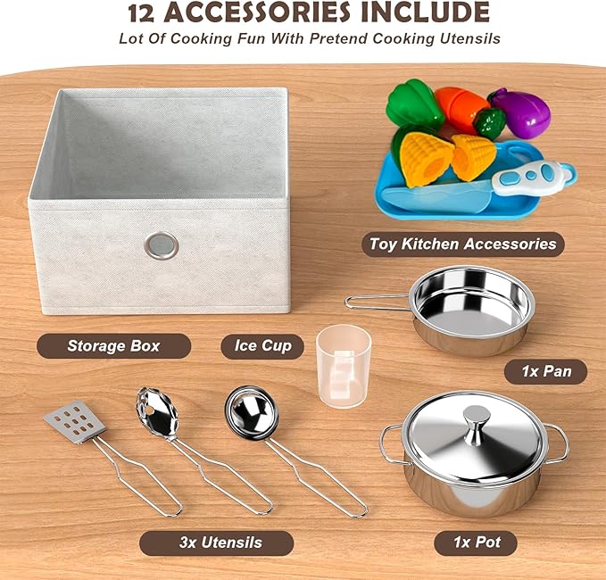 JOYDIAS Kids Play Kitchen Set, Pretend Wooden Kid Kitchen Playset Toy Kitchen w/Sound and Light, Oven, Ice Maker, Blackboard & Toy Storage Box, Toddler Kitchen Accessories for Kids Ages 3+