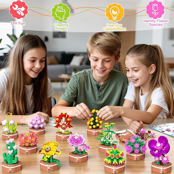 Flowers Bouquet Building Set, 1001 PCS Botanical Collection with Roses, Sunflowers etc. 12 Pack Mini Bonsai Block Toy, Gift for Kids 6+ & Adults for Christmas, Mother's Day, Valentine's Day