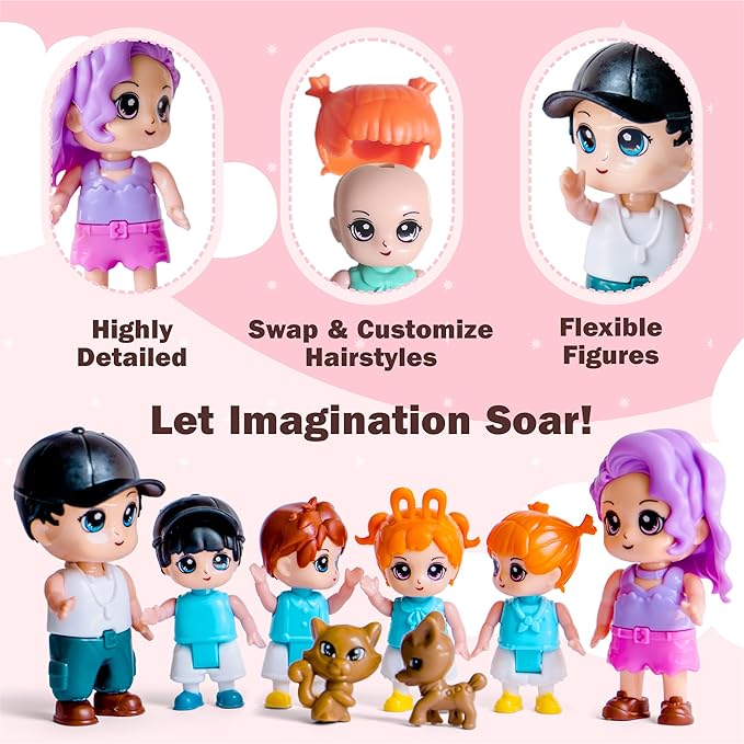 Dollhouse People, 8 Family People Figures and Pets Playset - Bendable Little People Figures - Perfect Figurines for Imaginative Fun and Dollhouse Play - Play Doll House Accessories Toys