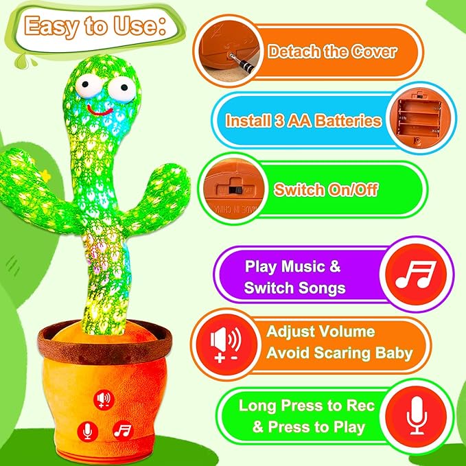 Volume Adjustable Dancing Talking Cactus Toy, Interactive Baby Toys Mimicking Singing Repeating, Kids Baby Toys Gifts for Boys Girls, for Grandkids, Stocking Stuffers for Kids