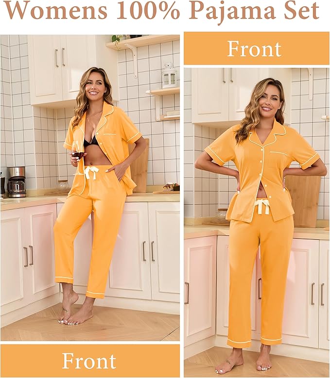 CF Womens 100% Cotton Pajamas Set Button Down Pjs Sets Short Sleeve Top & Long Pants Sleepwear Comfy Loungewear with Pockets
