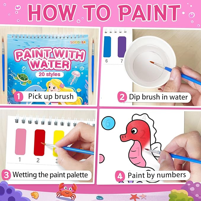Paint with Water Coloring Books for Toddlers,Mess Free Watercolor Painting Sets for Kids,Water Color Paint Kit,Art Craft Birthday Gift for Ages 1-3, 4-8(Sea World)