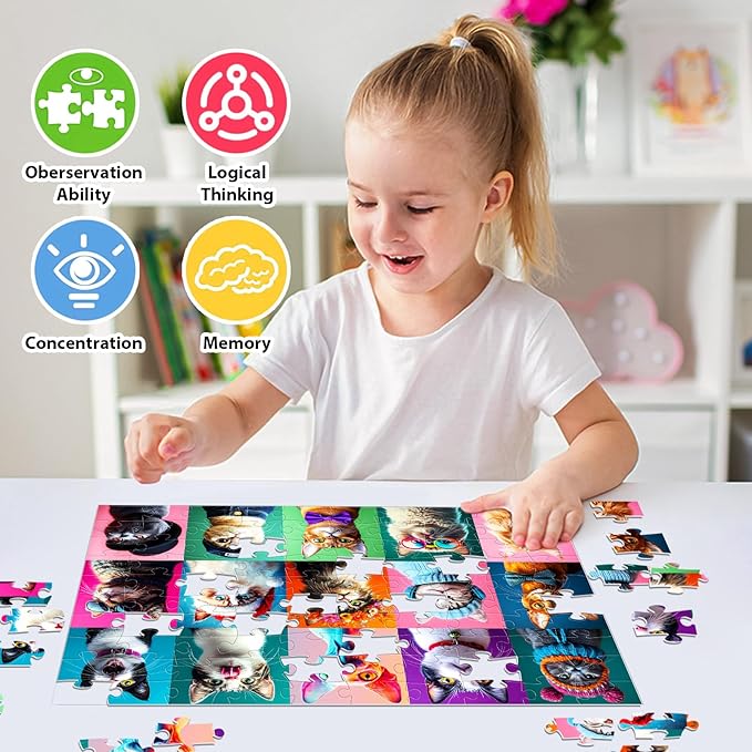 100 Piece Puzzles Multicolor Fun Cats, Large Piece Jigsaw Puzzle for Kids Ages 4-6 6-8 8-10, Pets Cat Theme Puzzles for Teens Seniors Adults, Collection Gift Home Art Decor Toys Gifts for Girls Boys