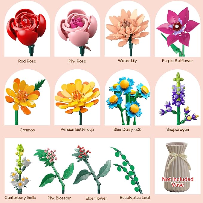 Flowers Bouquet Building Set, 887 Pcs with Flower Artificial Roses for Home Office Decoration, Gift for Mother's Day, Valentine's Day and Kids 6+/Adults Birthday