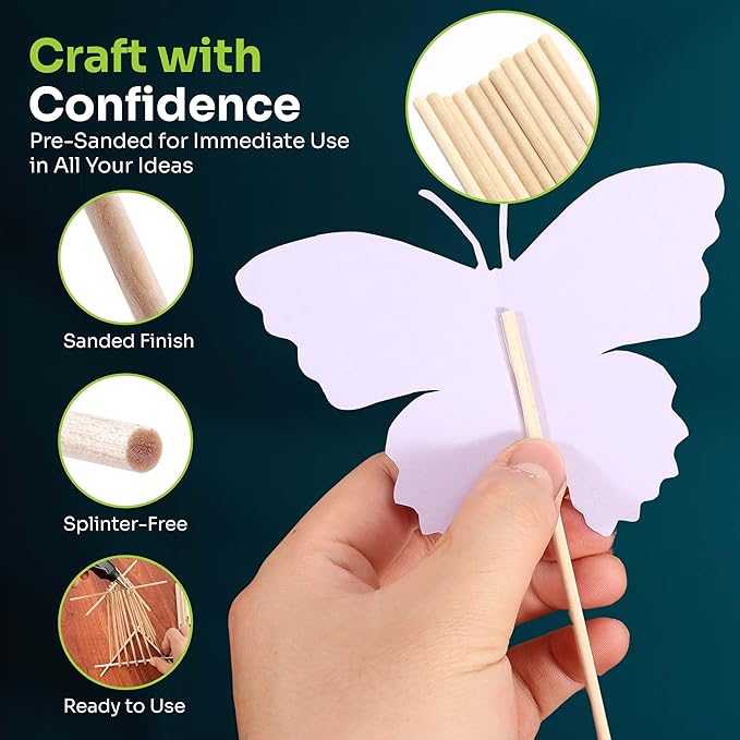 Mart Cobra Wooden Dowel Rods - 200 Pack– 1/8" x 6" Precut Birch Hardwood Dowels, Craft Sticks – Smooth, Food Safe – Small Wood Rods for Art, Crafting, Modeling, Centerpieces, Lollipop Sticks for Craft