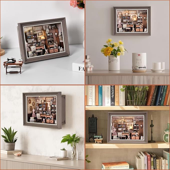 Book Nook Kit - 3D Wooden Puzzle with LED Switch Control & Wall-Mountable Frame，DIY Miniature House for Beginners，Bookshelf/Tabletop/Wall Decor for Craft Lovers，Dollhouse Gift (Lily Sewing Shop)