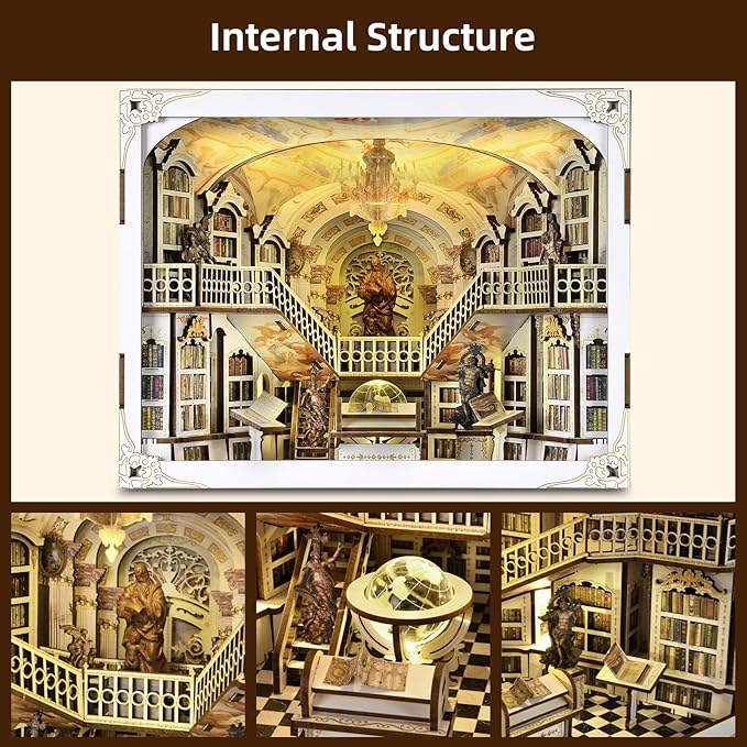 DIY Book Nook Kit, Miniature Dollhouse Booknook Kit, 3D Wooden Puzzle Bookend Bookshelf Insert with LED Light for Teens and Adults(Library of Gods Max)