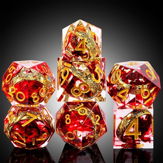 Ring DND Dice Set Sharp Edge DNDND 7-Piece Swirl Resin Blood Red Dice with Magic Lord Ring Inside for Dungeons & Dragons -Dragon Box Gifts