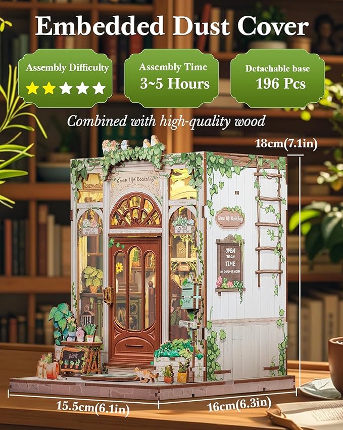 Cutefun Book Nook Kit - DIY Miniature Dollhouse Booknook Kit for Adults and Teens, Tiny House Bookshelf Insert Decor with LED Light, Gifts for Family and Friends (Green Life Bookshop)