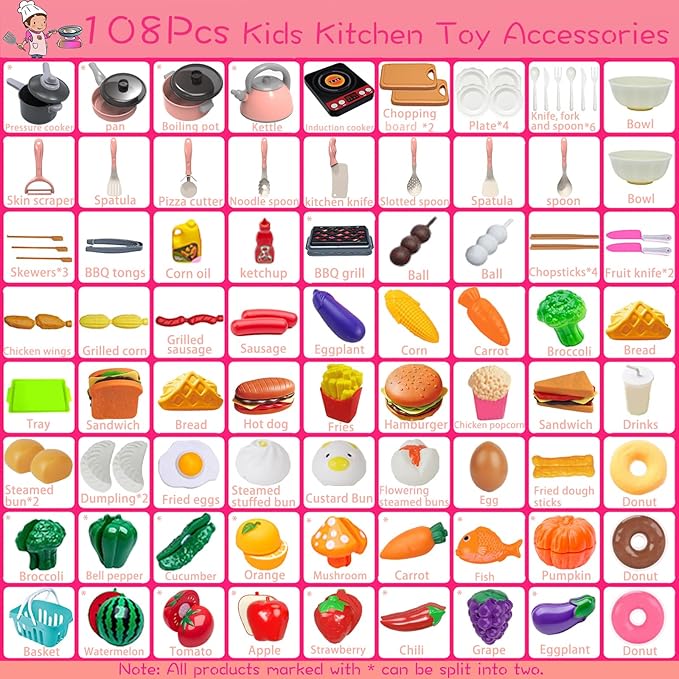 108Pcs Kids Kitchen Toy Accessories, Toddler Pretend BBQ Camping Cooking Playset, Utensils Cookware Toys, Play Food Set, Toy Vegetables, Learning Gift for Girls Boys