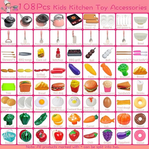 108Pcs Kids Kitchen Toy Accessories, Toddler Pretend BBQ Camping Cooking Playset, Utensils Cookware Toys, Play Food Set, Toy Vegetables, Learning Gift for Girls Boys