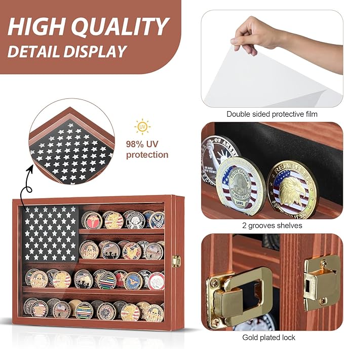 Challenge Coin Display Case, Lockable Solid Wood Military Coin Holder Cabinet with Star Flag Board and Anti-Fade Acrylic Front, Wall Mounted 4-Tier Coin Collection Shadow Box Rack (Brown)