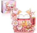 Lucky Cat Building Block Set, Compatible with Lego Cat, 868Pcs Cute Fortune Cat with Flowers Building Blocks, Christmas Birthday Creative Gift for Girls Boys Adult (Pink Cat)