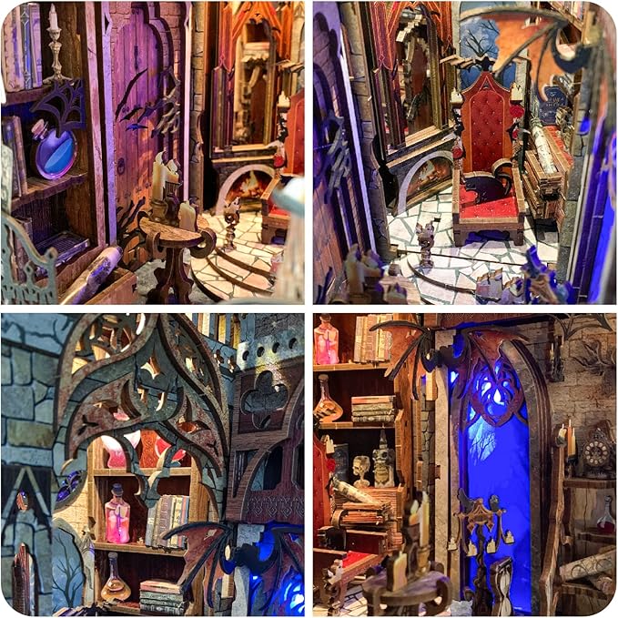 DIY Book Nook Kit,Dollhouse Booknook Bookshelf Insert Decor,3D Wooden Puzzles with LED Dust Cover,Book Nook Miniature Kit,Birthday Halloween Home Decor for Teens Adult-Moonlight Castle